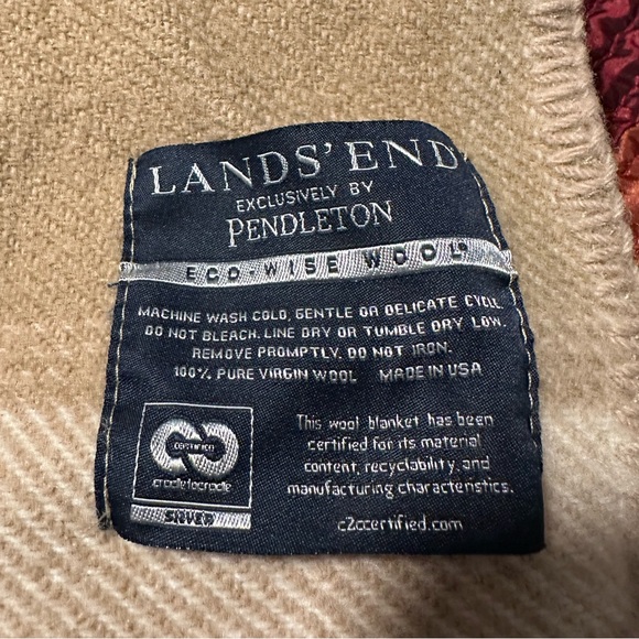 SOLD - Pendleton Lands End Wool Blanket White Tan Plaid 60" X 80" - Picture 2 of 4